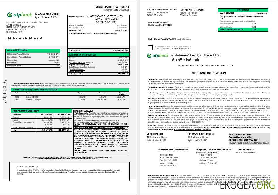Relevé hypothécaire de la banque ukrainienne OTP aux formats Word et PDF 1 , 2